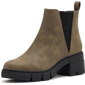 Redtop Women's Brown Faux Leather Elastic Chunky Block Heel Lug Sole Ankle Boot